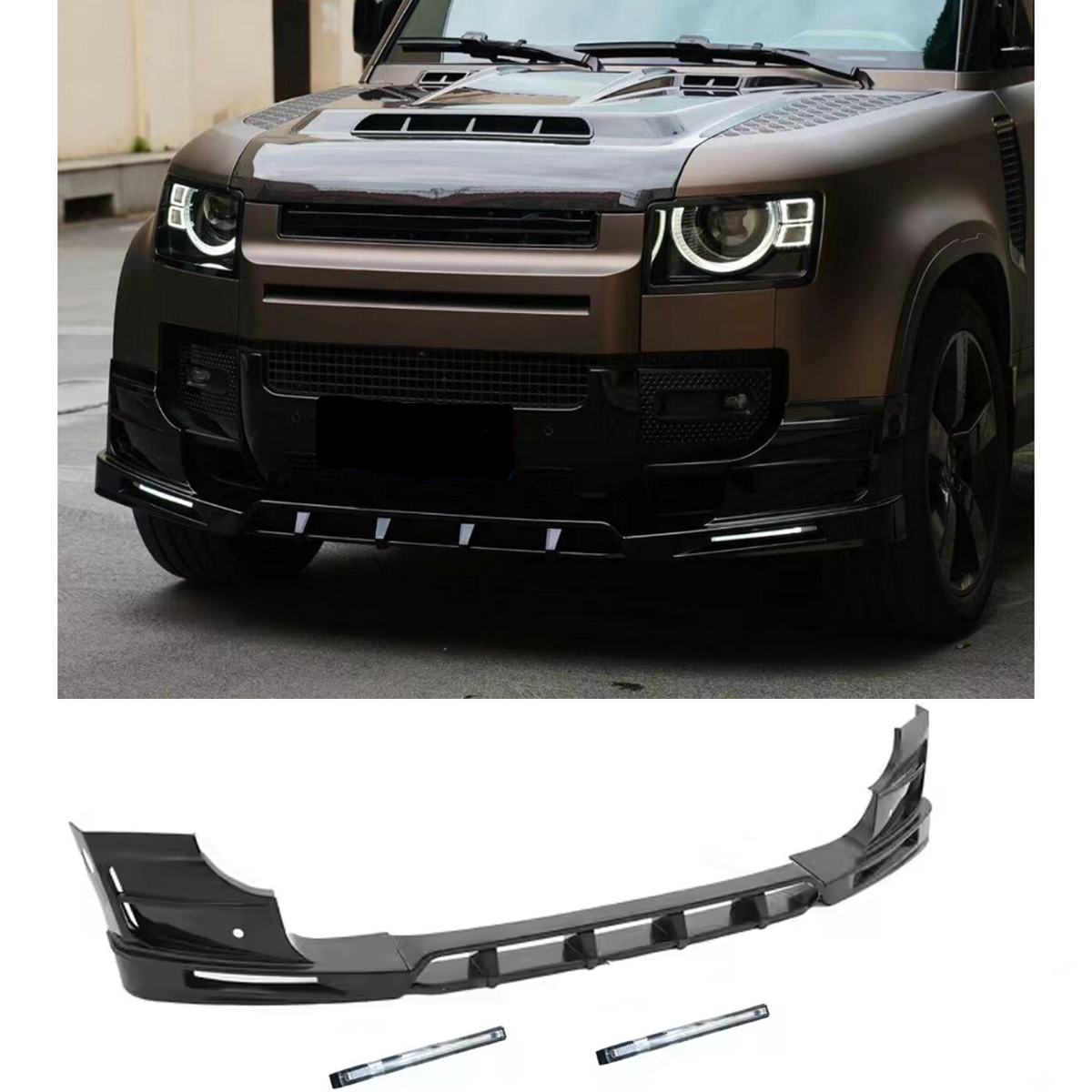 Land Rover Defender L663 2020 On - V2 Front Bumper Splitter With Led's In Gloss Black